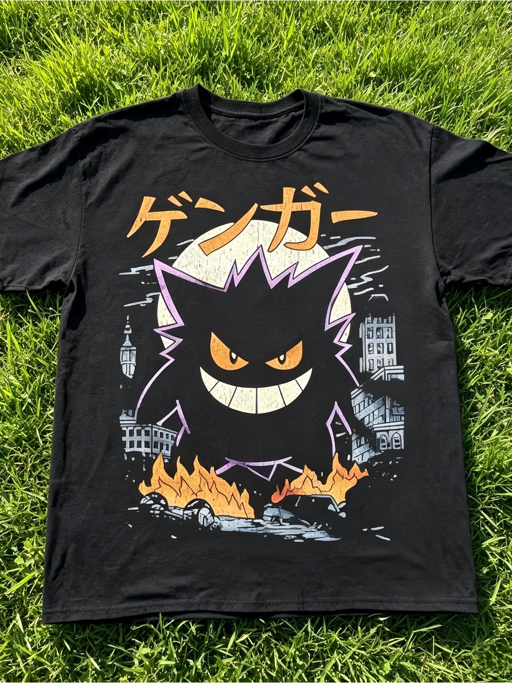 Pokémon anime Gengar pattern T-shirt,retro 90s Japanese style, unisex.
